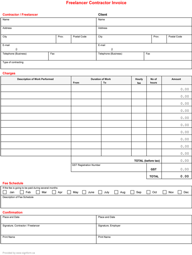 Contractor Invoice Template   6 Printable Contractor Invoices