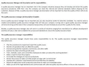 Quality Assurance Manager Job Description and its responsibilities ...