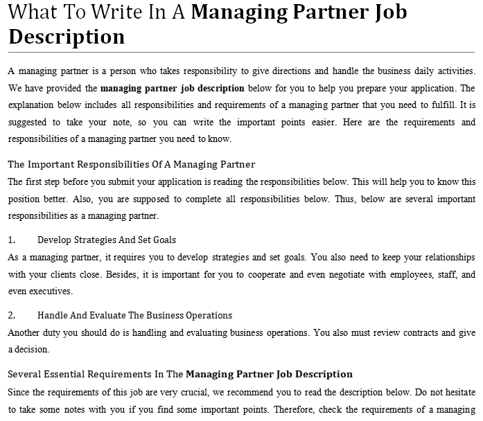 What To Write In A Managing Partner Job Description Shop Fresh