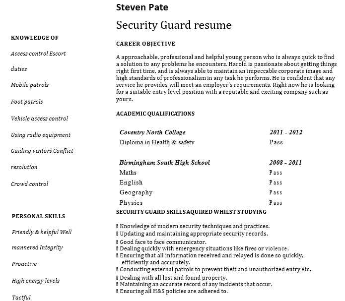 10+ Security Guard Resume | shop fresh